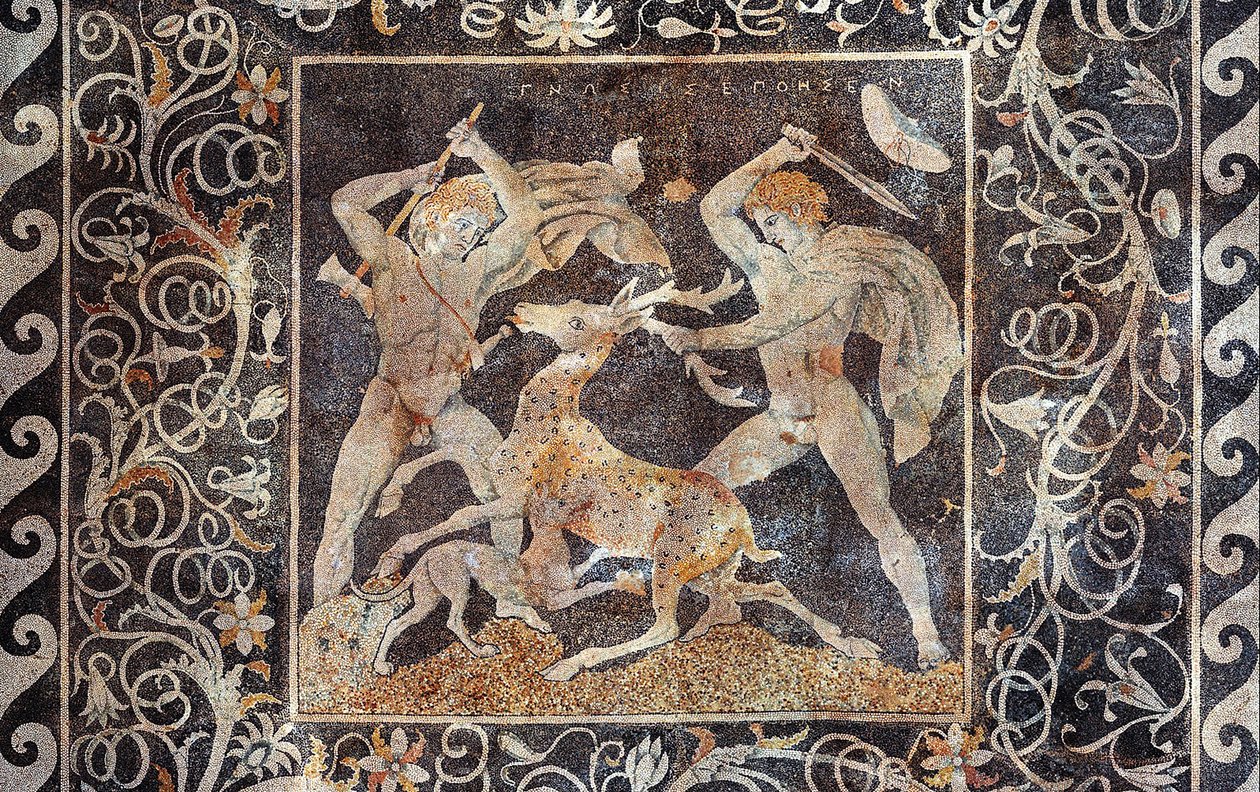 Mosaik af hjortejagt, Alexander den Store og Hephestion (Hephaestion), Pella, Grækenland, 330-300 f.Kr (mosaik) af Greek School