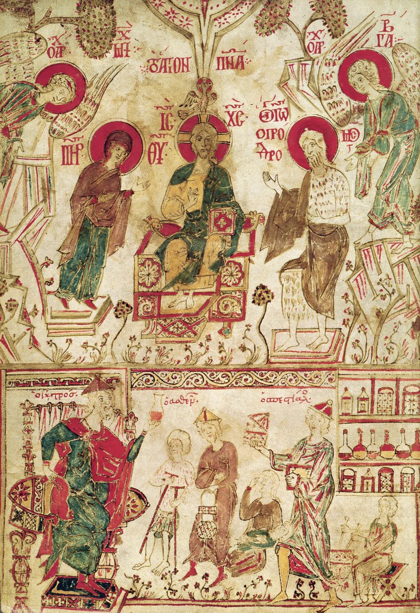 Den byzantinske læge Myrepsos modtager patienterne, fra et græsk manuskript, 1200-tallet af Greek School