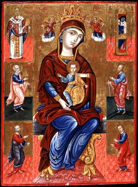 Jomfru af Skopiotisa tronet med Kristus og seks hellige, ca. 1700 (bladguld og tempera på panel) af Greek School