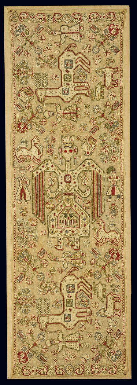 Brudepudebetræk, fra Lefkas, De Ioniske Øer, 1600-1700-tallet (linned broderet med silke og guld metallisk tråd) af Greek School