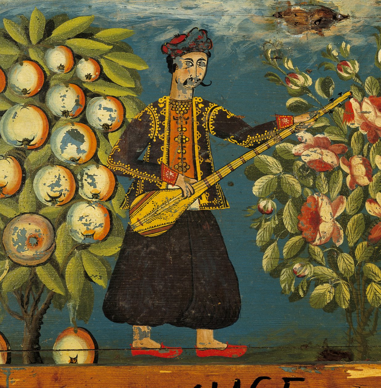 Detalje af en musiker fra en kiste, fra Mytilini, Lesbos, 18.-19. århundrede (ægtempera på træ) af Greek School