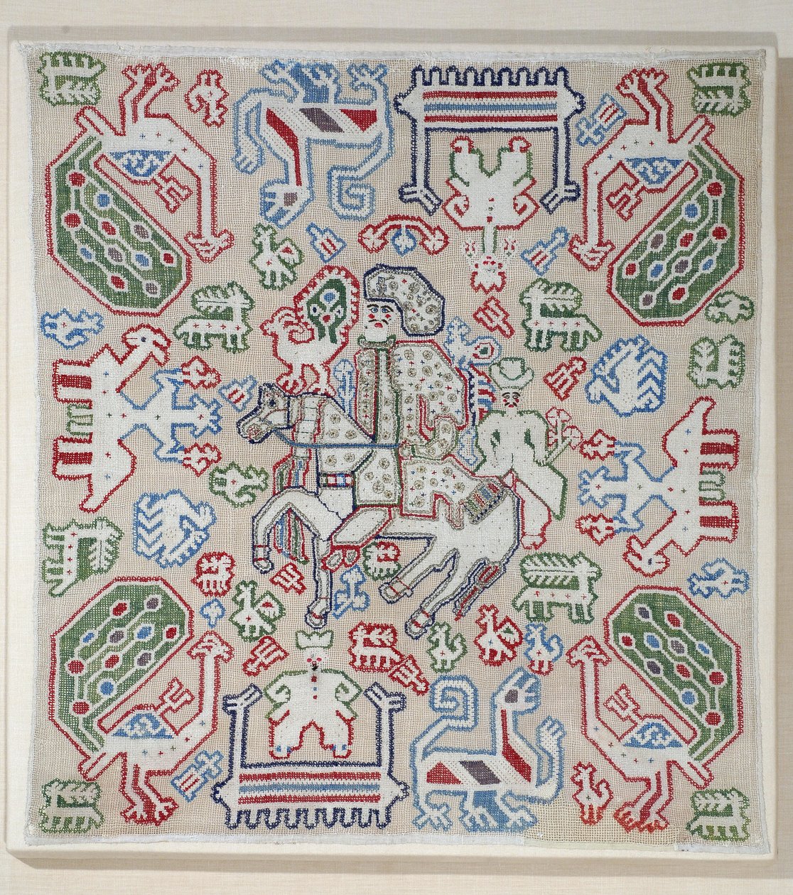 Del af et pudebetræk, fra Lefkaa, Ionian Islands, 17.-18. århundrede (linned med silketråde) af Greek School