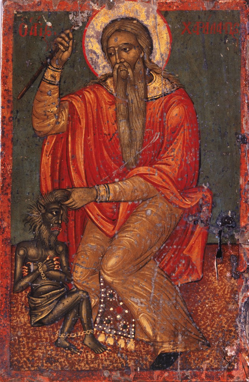 Saint Charalambos med Djævelen af Greek icon