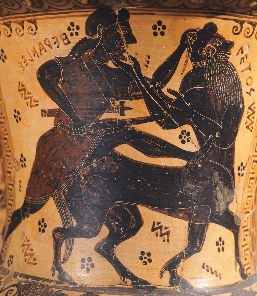 Amfora, tilskrevet maleren af Nettos, keramik med sorte figurer, Detalje, der viser Herkules og kentauren, græsk civilisation, 7. århundrede f.Kr. af Greek School