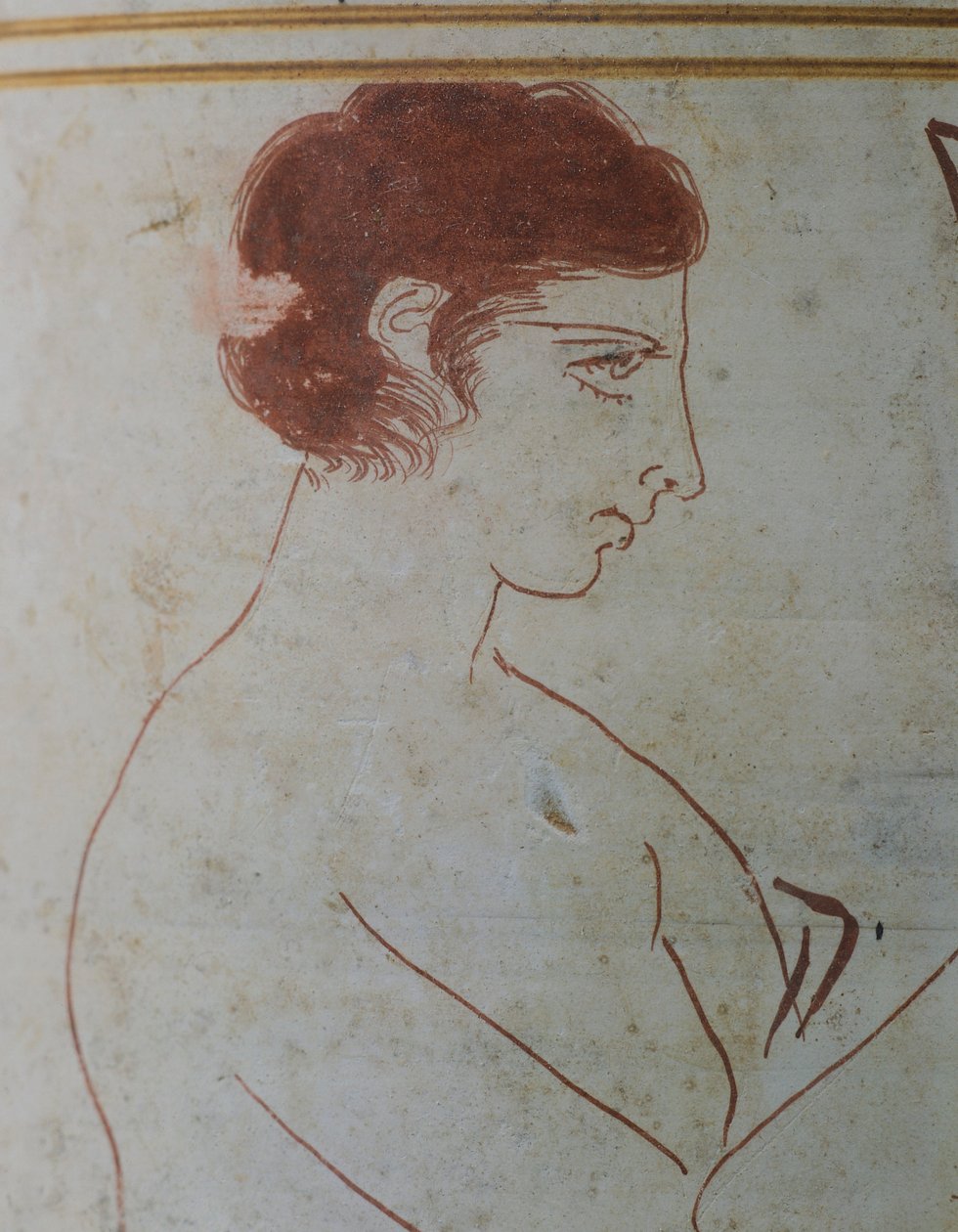 Attic lekythos, der viser en begravelsesscene af en kriger, der sidder foran hans grav, 420-410 f.Kr., tilskrevet maleren Parrhasius fra Efesos, hvidmalet keramik fra Athen, Grækenland. Detalje. Græsk civilisation, 5. århundrede f.Kr. af Greek School