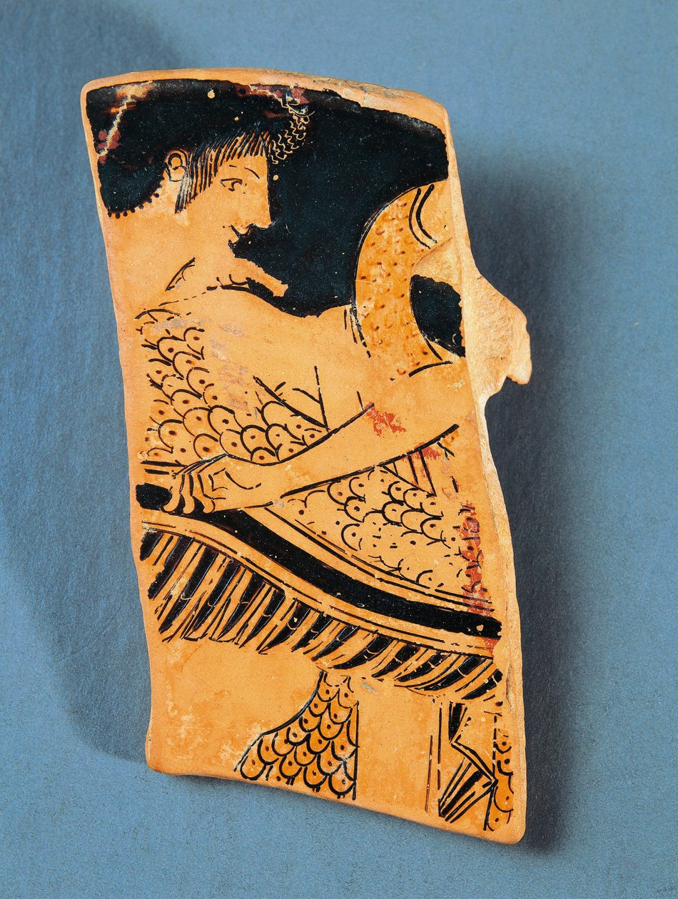 Fragment af loftsplade, der forestiller Apollo, der flyver på en svane til hyperboræernes land, af maleren Euphronios, keramik med røde figurer af Greek School
