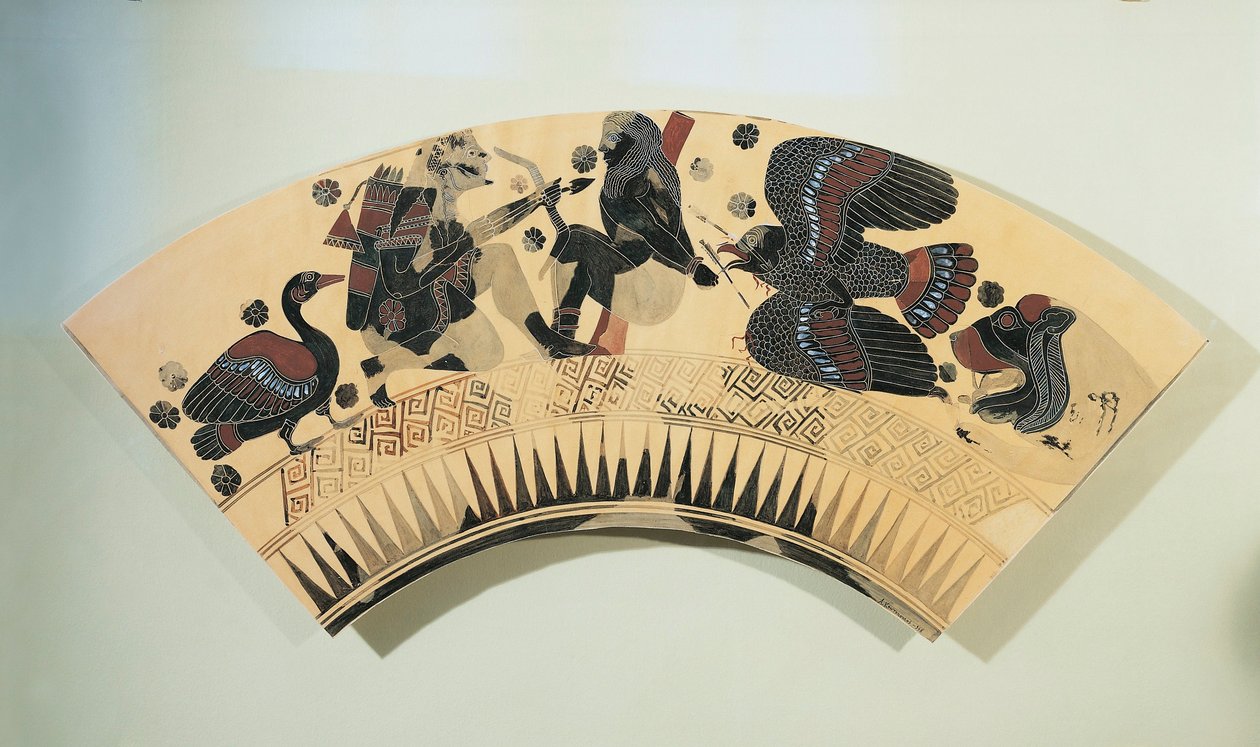 Fragment af en vase, der forestiller Herakles, der befrier Prometheus fra hans pine af ørne, sort-figur keramik af Greek School