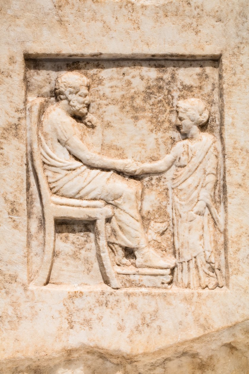 Begravelsesstele: ung pige og hendes far med en hund (marmor) af Greek School