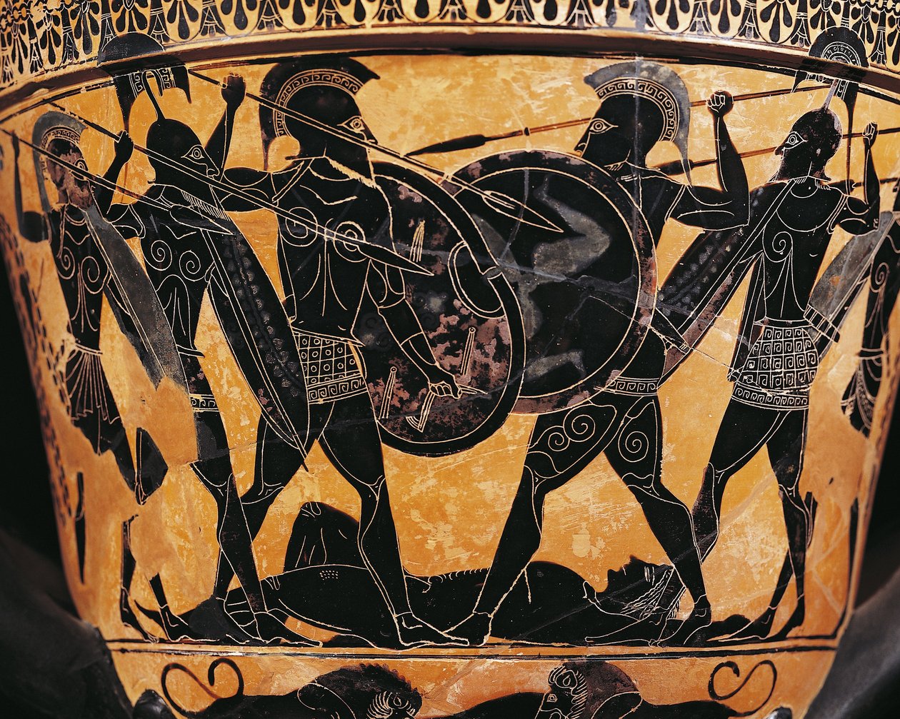 Græsk civilisation, keramik med sorte figurer, Krater, der skildrer kampen om liget af Patroclus, Fra Farsala, Grækenland af Greek School