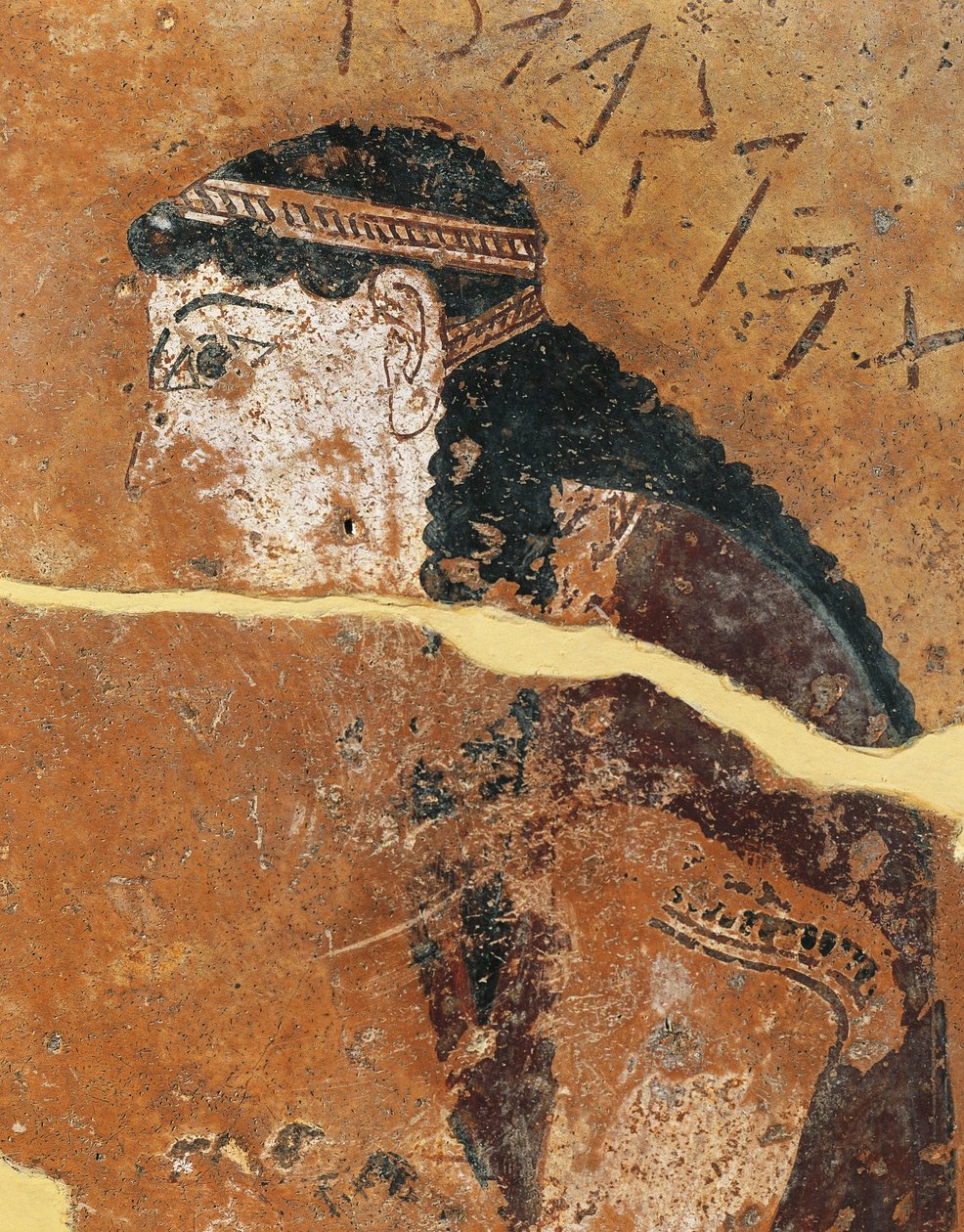 Malet terracotta metope portrætterer Philomela, datter af den athenske kong Pandion, fra Apollontemplet, Termos, Grækenland af Greek School
