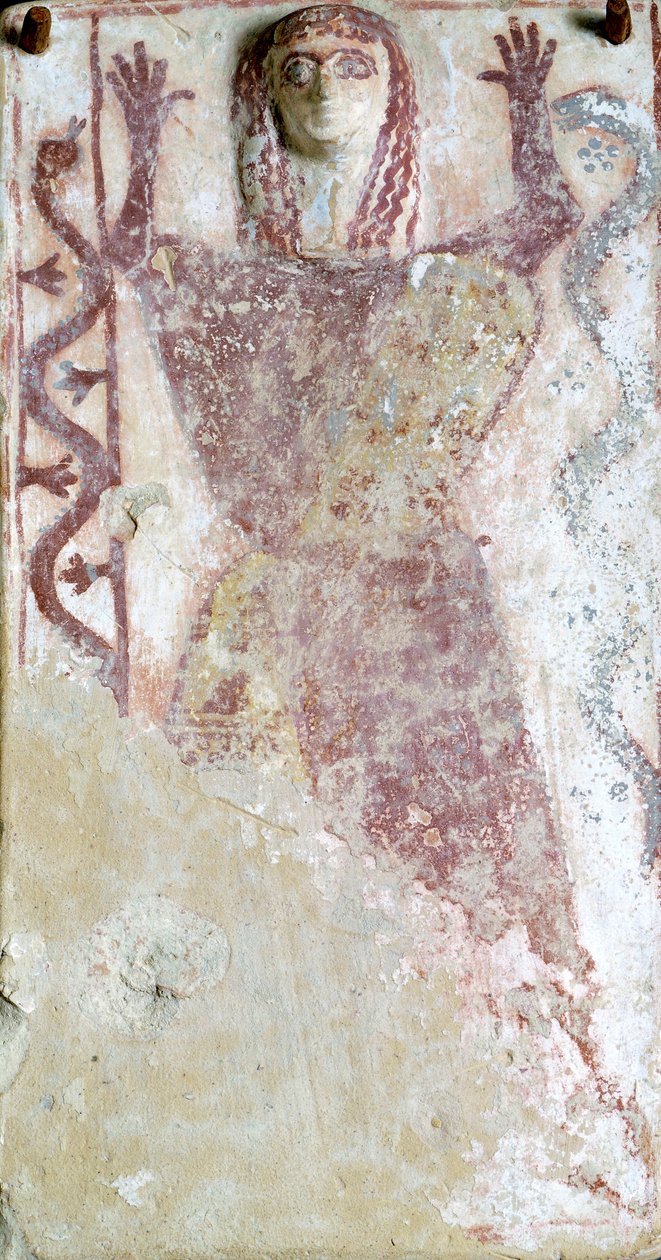 Polykrom maleri på pinax og relief, der viser feminin guddom med slange fra Agora