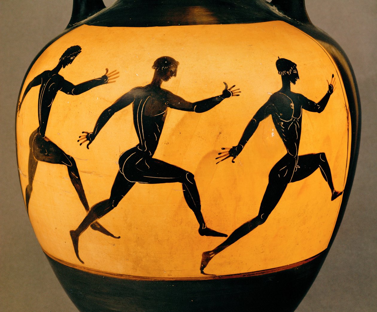 Tre deltagere i et fodløb ved de panathenæiske lege, 6. århundrede f.Kr (keramik) af Greek School