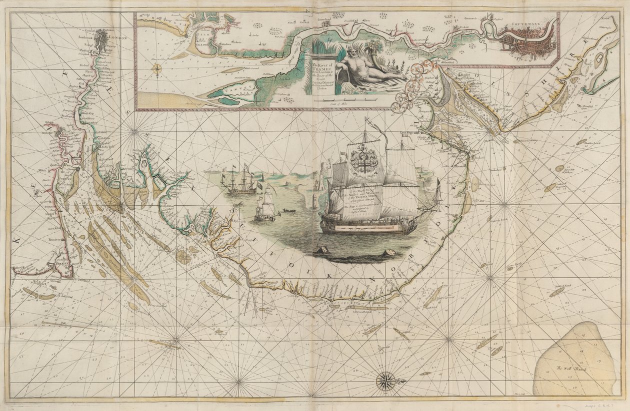 Et kort over østkysten fra Barton, Lincolnshire, til Dover, Kent af Greenvile Collins