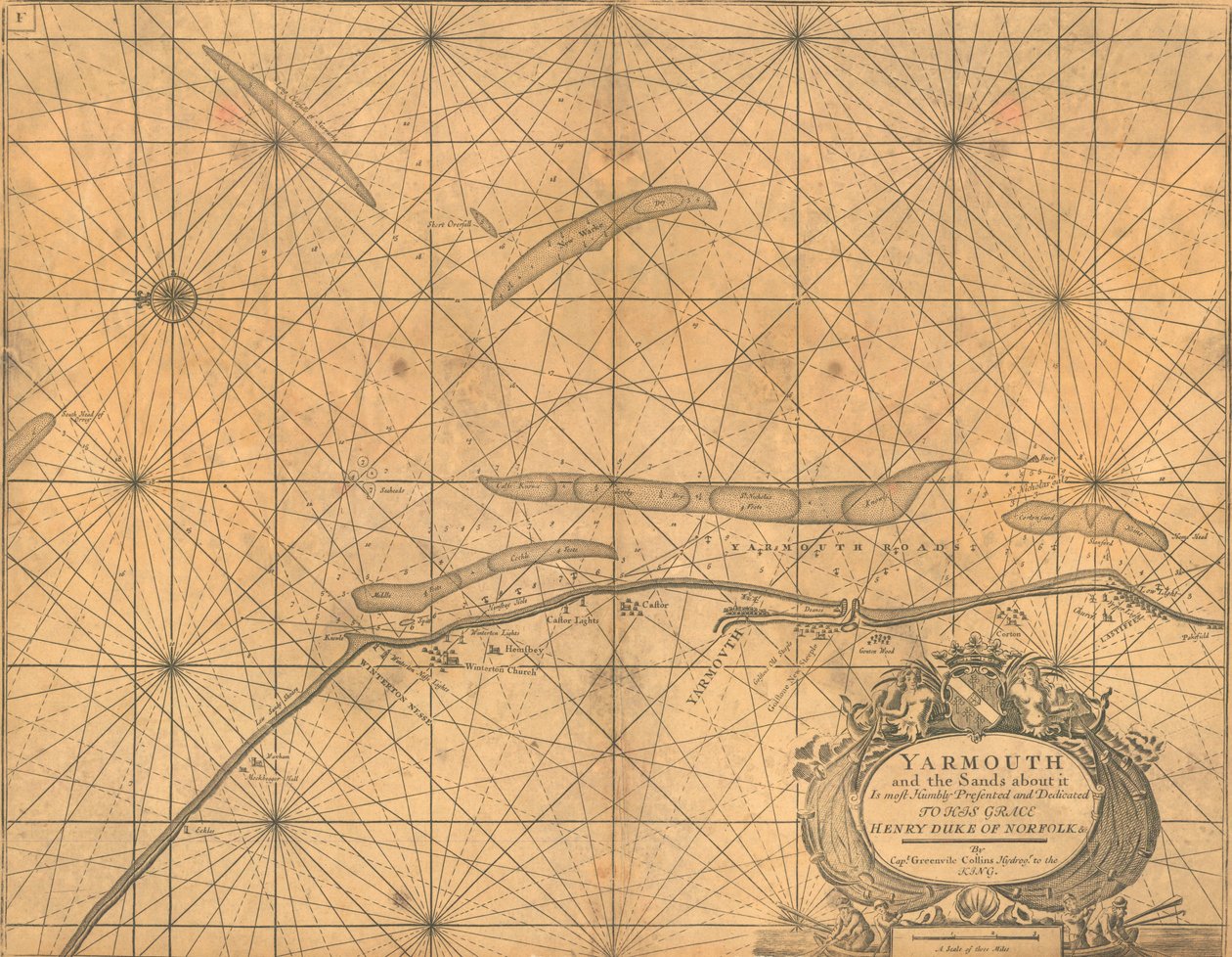 Kort over Yarmouth og sandet omkring byen, ca. 1700 (koloreret stik) af Greenvile Collins