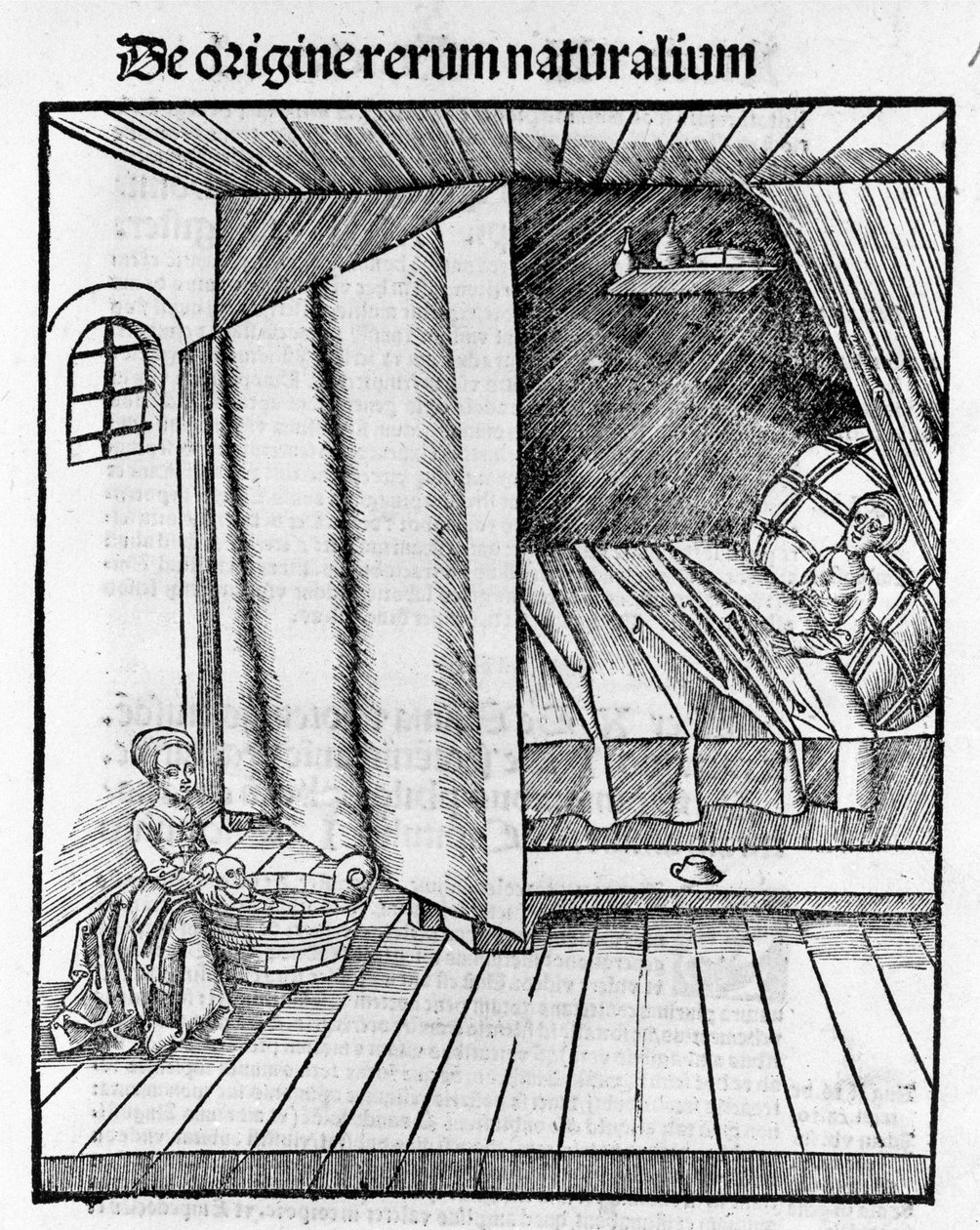 En jordemoder renser den nyfødte baby, mens moderen hviler. Gravering - i "" Margarita Philosophica"" af Gregor Reisch (1467-1525), Basel af Gregor Reisch