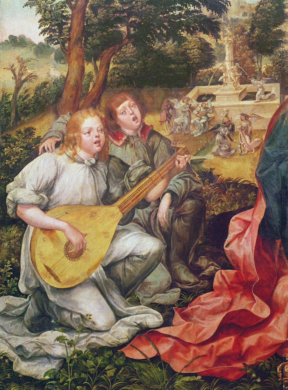 Jomfru og barn med engle, detalje af englemusikanter, 1536-38 af Gregorio Lopez