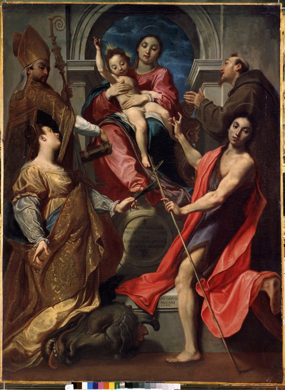 Jomfru og barn med de hellige Frans af Assisi, Johannes Døberen, Sankt Margaret af Antiokia og Sankt Gregor den Store (Jomfru og barn med de hellige Frans af Assisi, Johannes Døberen, Margaret og Gregor den Store). Maleri af Gregoire Pagani (15 af Gregorio Pagani