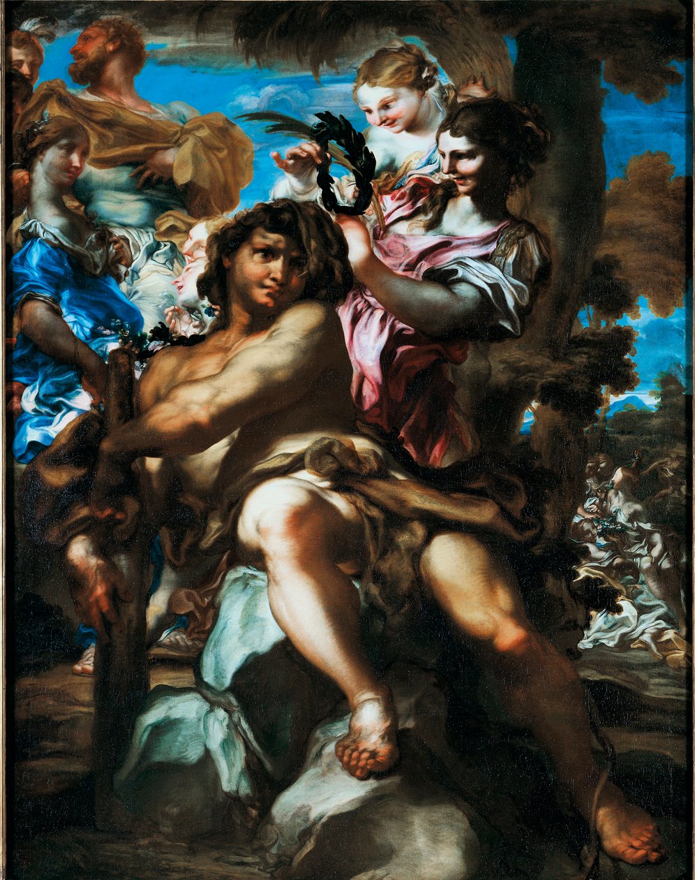 Herkules budt velkommen i Olympus Repræsentation af Herkules apoteose (Herakles) budt velkommen blandt guderne på Olympus, det er en laurbærkrone. Maleri af Gregorio De Ferrari (1647-1726) Privat samling af Gregorio De Ferrari