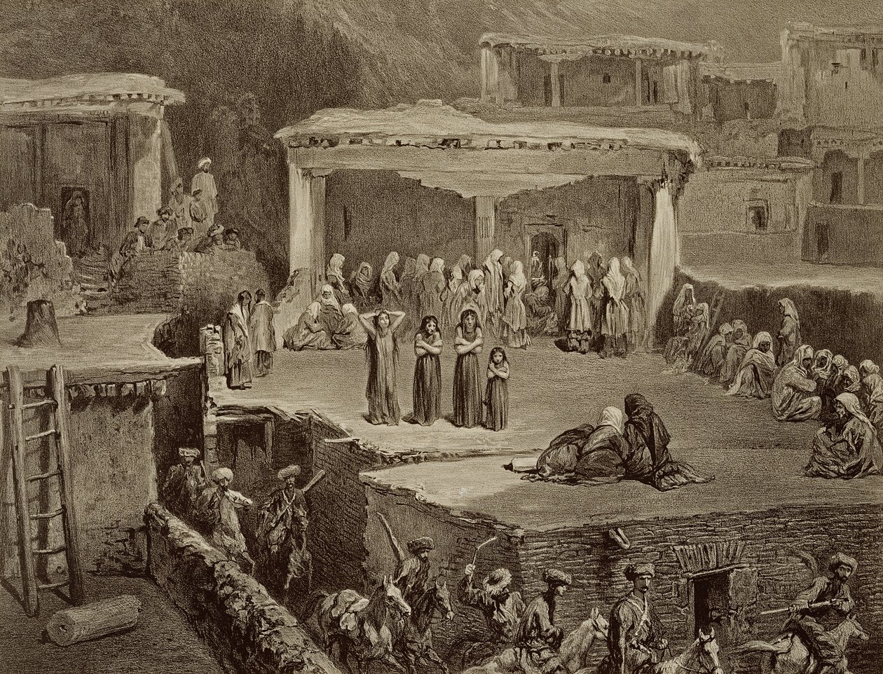 Begravelsesceremoni i ruinerne i Akhaltchi, Dagestan, plade 70 fra en bog om Kaukasus, indgraveret af Eugene Le Roux (1807-63) udgivet af Alfred Leon Lemercier, Paris, 1847 af Grigori Grigorevich Gagarin