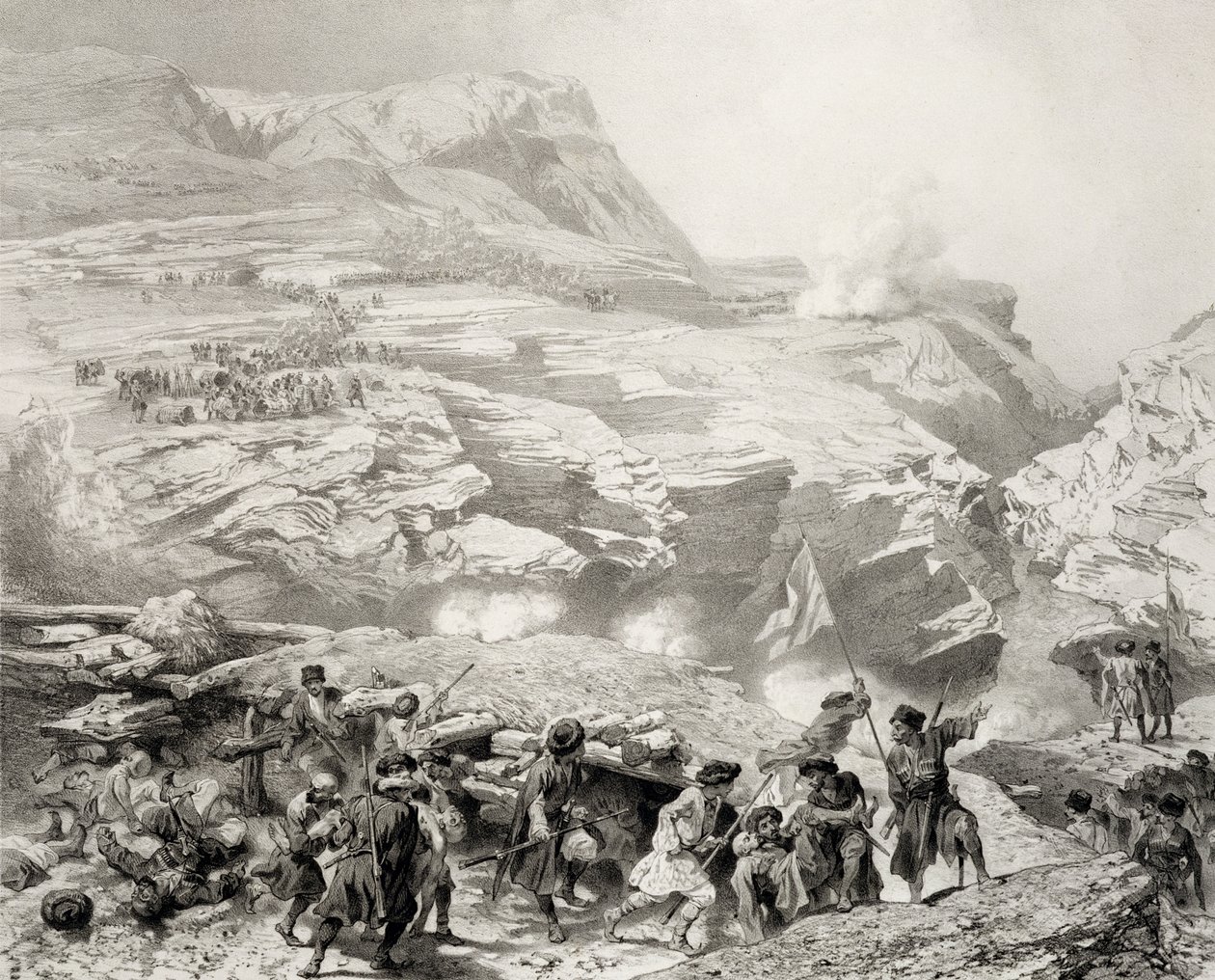 Soulak Pass ved Akhati, Dagestan, plade 61 fra en bog om Kaukasus, indgraveret af Eugene Ciceri (1813-90) og Adolphe Jean-Baptiste Bayot (1810-66) udgivet af Alfred Leon Lemercier, Paris, 1847 (lith) af Grigori Grigorevich Gagarin
