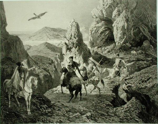 En falkejagt nær Jerevan, Armenien, plade 20 fra en bog om Kaukasus, indgraveret af Eugene Ciceri (1813-90) og Adolphe Jean-Baptiste Bayot (1810-66), udgivet af Alfred Leon Lemercier, Paris af Grigori Grigorevich (after) Gagarin