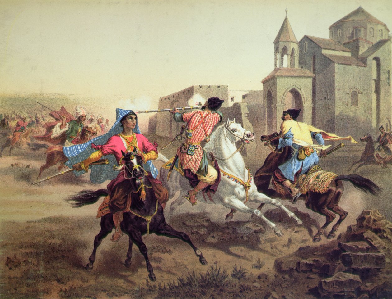 Træfning mellem persere og kurdere i Armenien, trykt af Alfred Leon Lemercier, Paris, ca. 1850-60 (farve litho) af Grigori Grigorevich (after) Gagarin