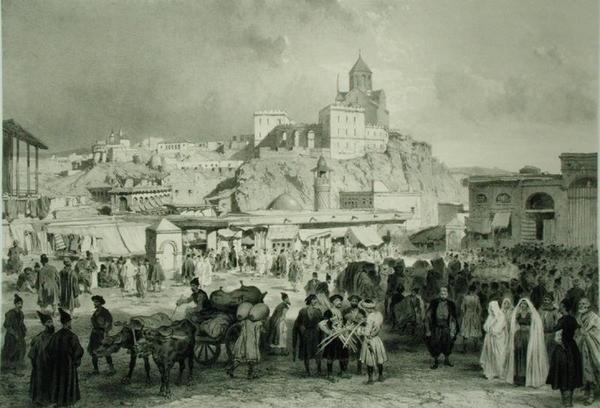Bazaren på Maidan Square, Tiflis, Georgia, plade 25 fra en bog om Kaukasus, indgraveret af Adolphe Jean-Baptiste Bayot (1810-66) og Eugene Ciceri (1813-90), udgivet af Alfred Leon Lemercier, Paris af Grigori Grigorevich (after) Gagarin