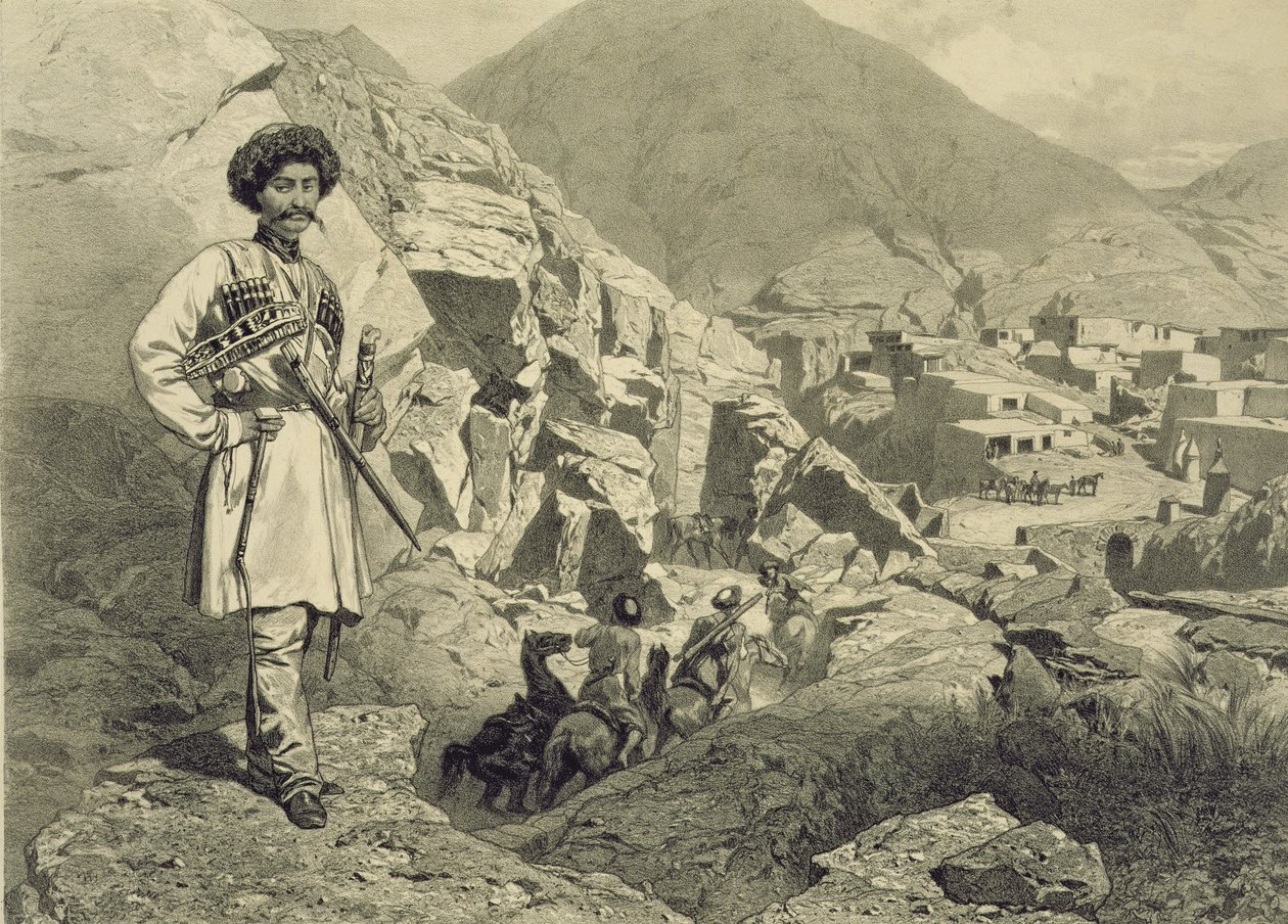 Ankommer til Tsatanykh, Dagestan, plade 12 fra en bog om Kaukasus, indgraveret af Jules Didier (1831-92), udgivet af Alfred Leon Lemercier, Paris, 1847 af Grigori Grigorevich Gagarin