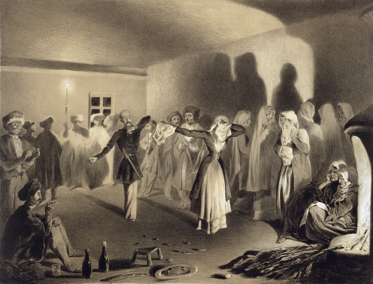 Dansefest i Kagha-Choura, Dagestan, plade 55 fra en bog om Kaukasus, indgraveret af Celestin Francois Nanteuil (1813-73) udgivet af Alfred Leon Lemercier, Paris, 1847 af Grigori Grigorevich Gagarin
