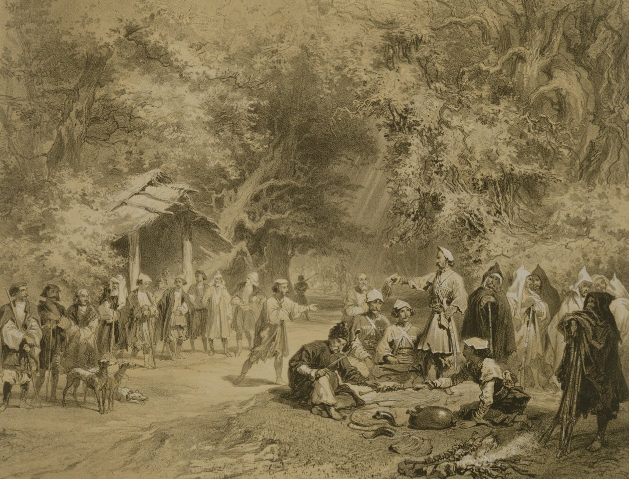 End of the Hunt, Mingrelia, plade 6 fra en bog om Kaukasus, indgraveret af Adolphe Mouilleron (1820-81) udgivet af Alfred Leon Lemercier, Paris, 1847 af Grigori Grigorevich Gagarin