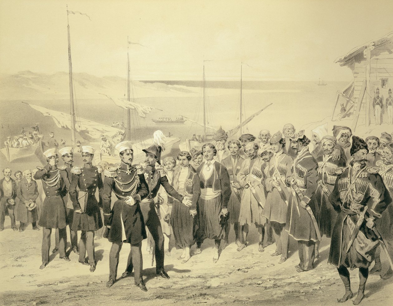 Landing af en militær leder ved Redout-Kale, ved Sortehavet, plade 5 fra en bog om Kaukasus, indgraveret af Adolphe Jean-Baptiste Bayot (1810-66) udgivet af Alfred Leon Lemercier, Paris, 1847 (l af Grigori Grigorevich Gagarin