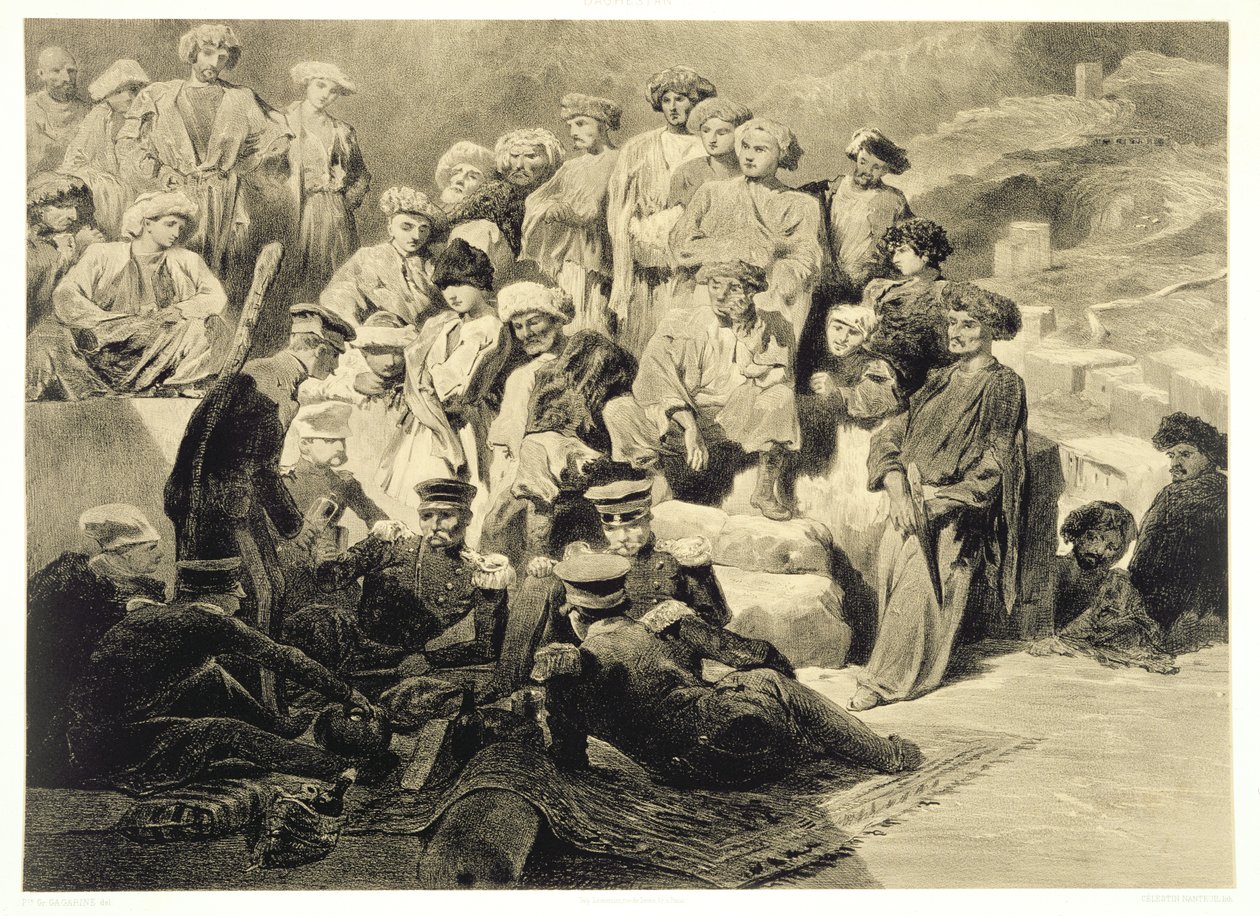 Militærmåltid i ruinerne ved Sioukh, Dagestan, plade 69 fra en bog om Kaukasus, indgraveret af Celestin Francois Nanteuil (1813-73) udgivet af Alfred Leon Lemercier, Paris, 1847 af Grigori Grigorevich Gagarin