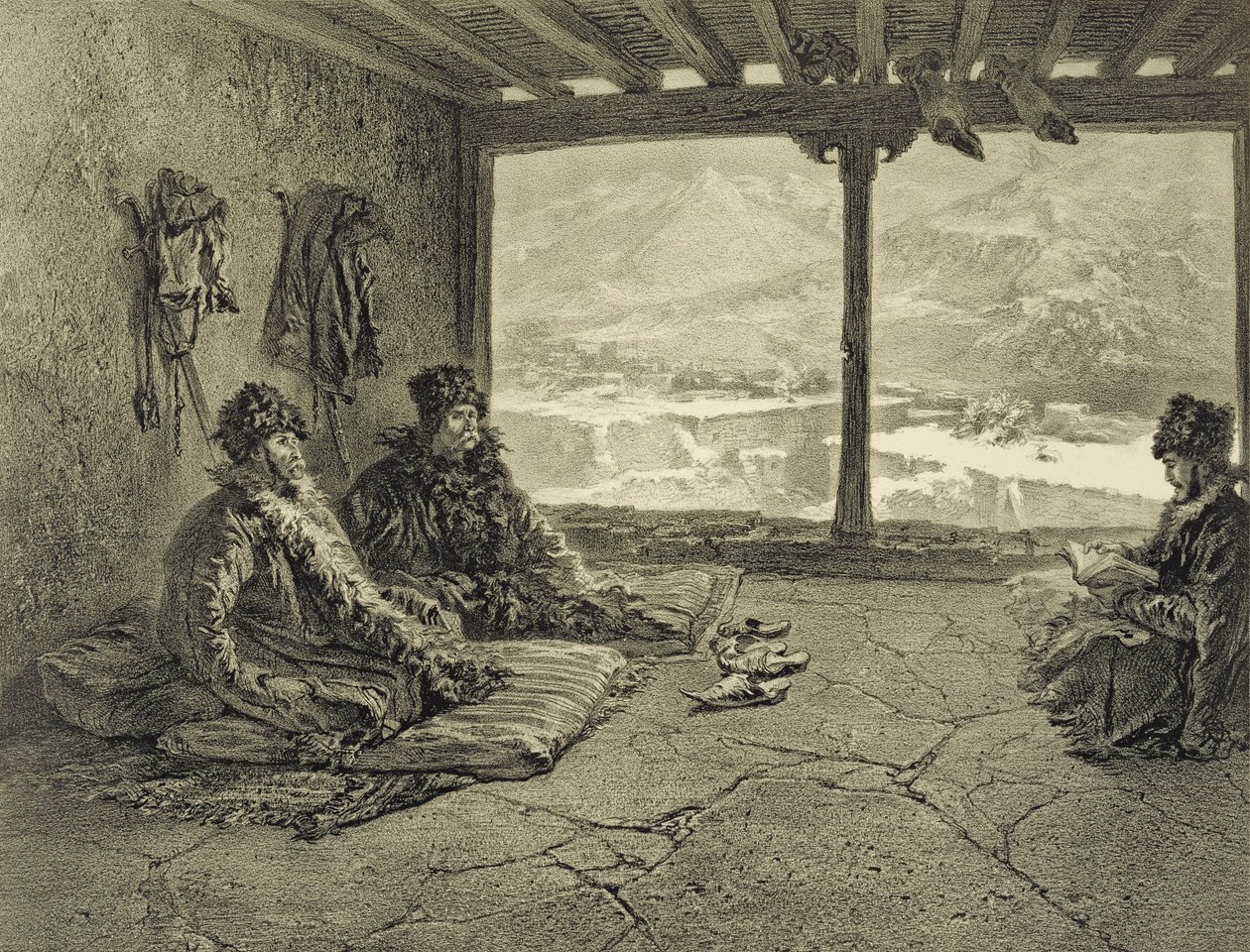 Sharia-forelæsning i Khosrakh, Dagestan, plade 50 fra en bog om Kaukasus, indgraveret af Adolphe Mouilleron (1820-81) udgivet af Alfred Leon Lemercier, Paris, 1847 af Grigori Grigorevich Gagarin