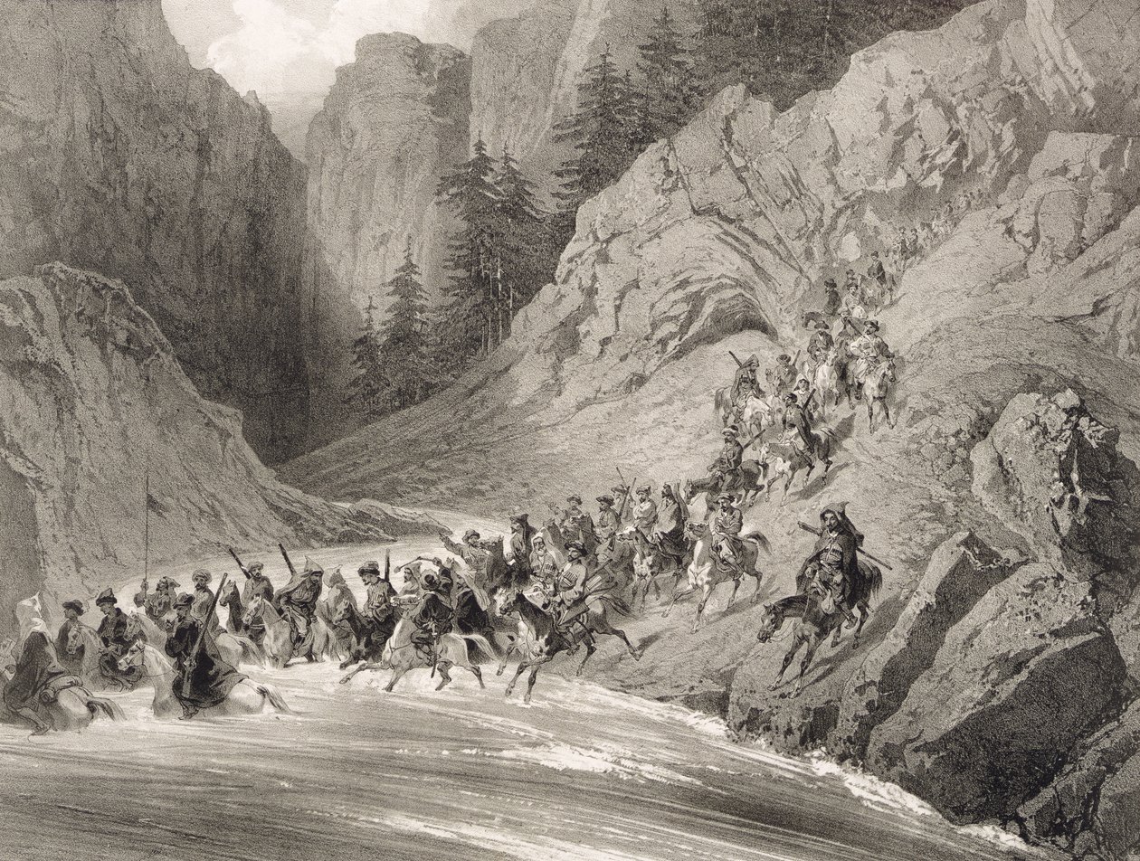 Tcherkersseians on a Raid nær Sortehavet, plade 4, fra en bog om Kaukasus, indgraveret af Eugene Ciceri (1813-90) og Adolphe Jean-Baptiste Bayot (1810-66), udgivet af Alfred Leon Lemercier, P af Grigori Grigorevich Gagarin
