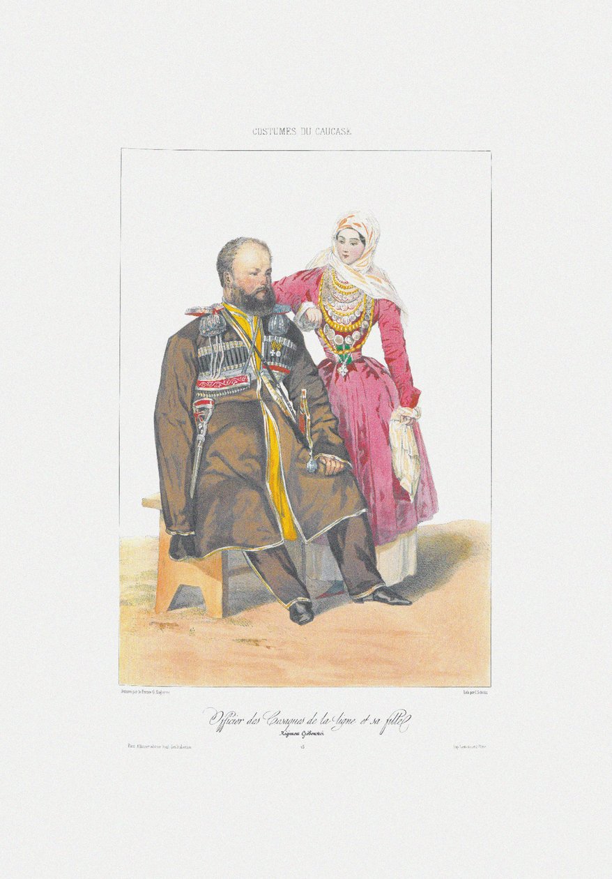 Terek Cossack with Daughter Fra: Scener, paysages, meurs et costumes du Caucase, 1840 af Grigori Grigorevich Gagarin