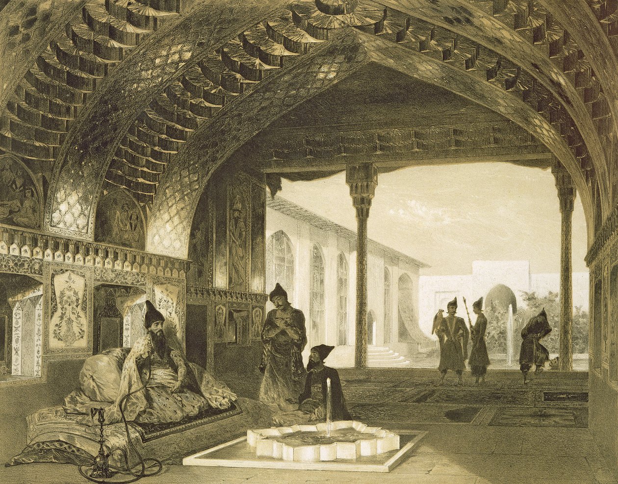 Spejlsalen i Palace of the Sardar of Yerevan, Armenien, plade 17 fra en bog om Kaukasus, indgraveret af Charles Claude Bachelier og Celestin Francois Nanteuil (1813-73) pub. af Alfred af Grigori Grigorevich Gagarin