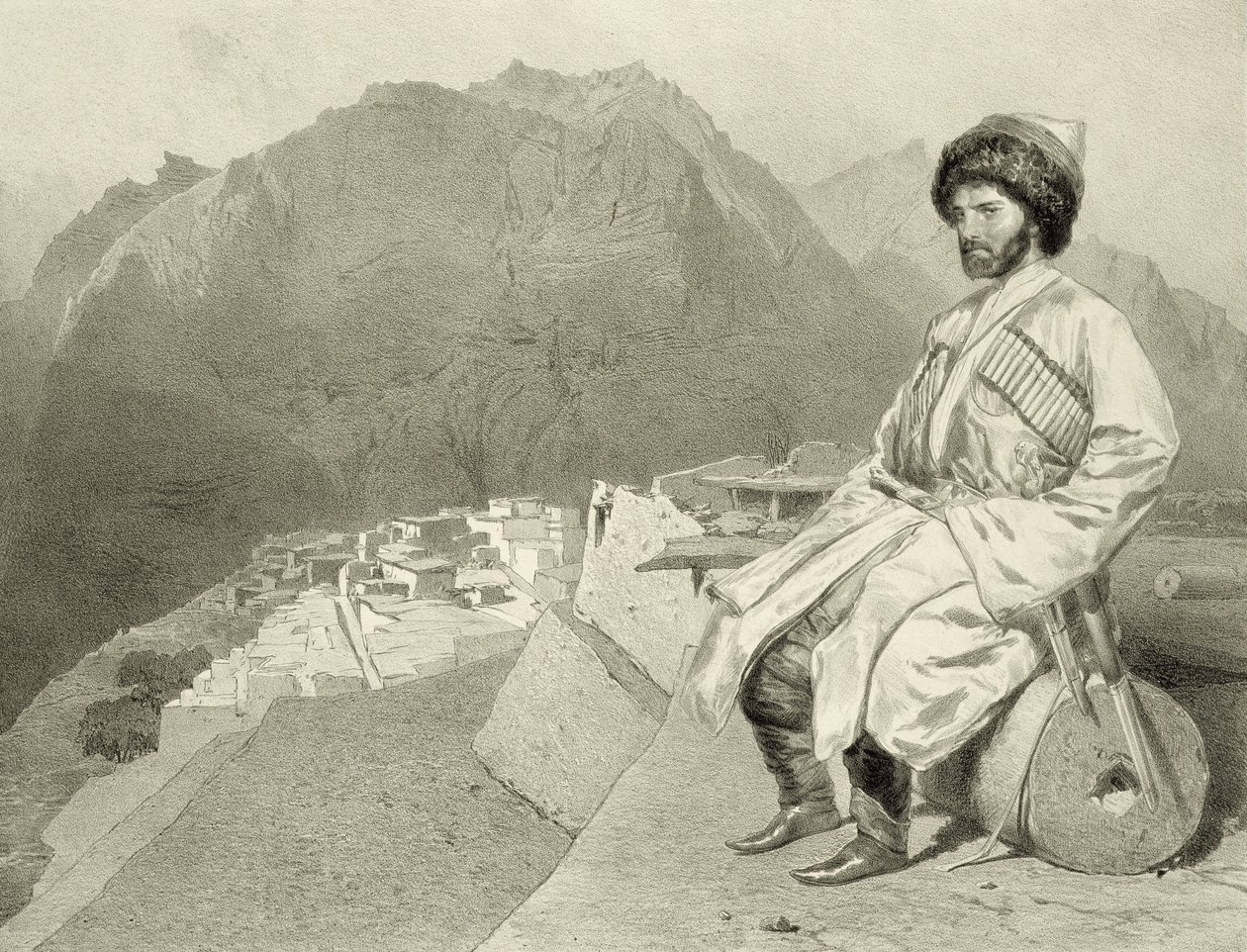 Udsigt over Ghimri og portræt af Hadji-Mourad, plade 66 fra en bog om Kaukasus, indgraveret af Jules Joseph Augustin Laurens (1825-1901) og Eugene Ciceri (1813-90) af Adolphe Mouilleron (1820-81), pu af Grigori Grigorevich Gagarin