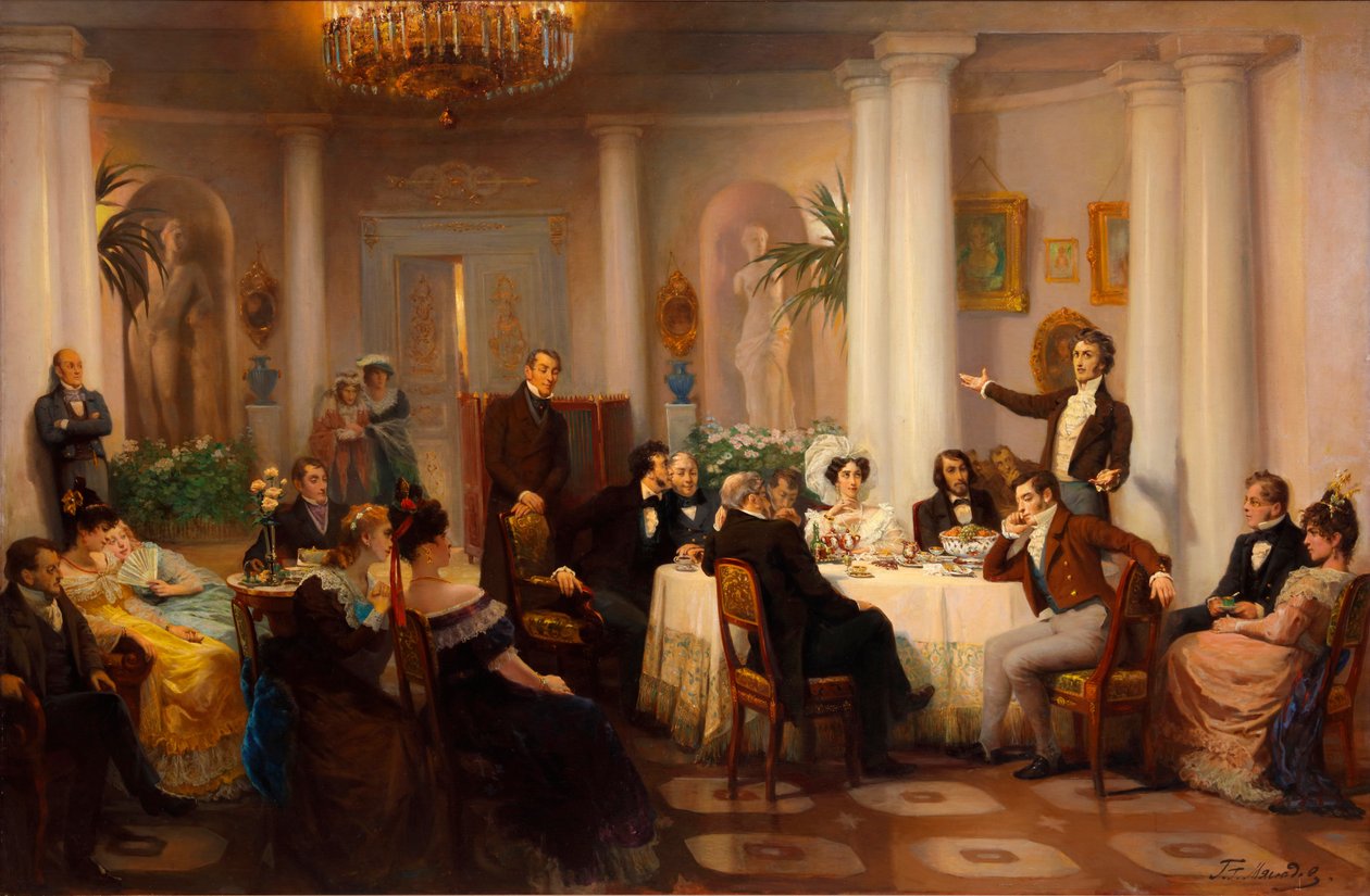 Pushkin og hans venner lytter til Adam Mickiewicz i prinsesse Zinaida Volkonskayas salon, 1899 af Grigori Grigorievich Mjasoedov