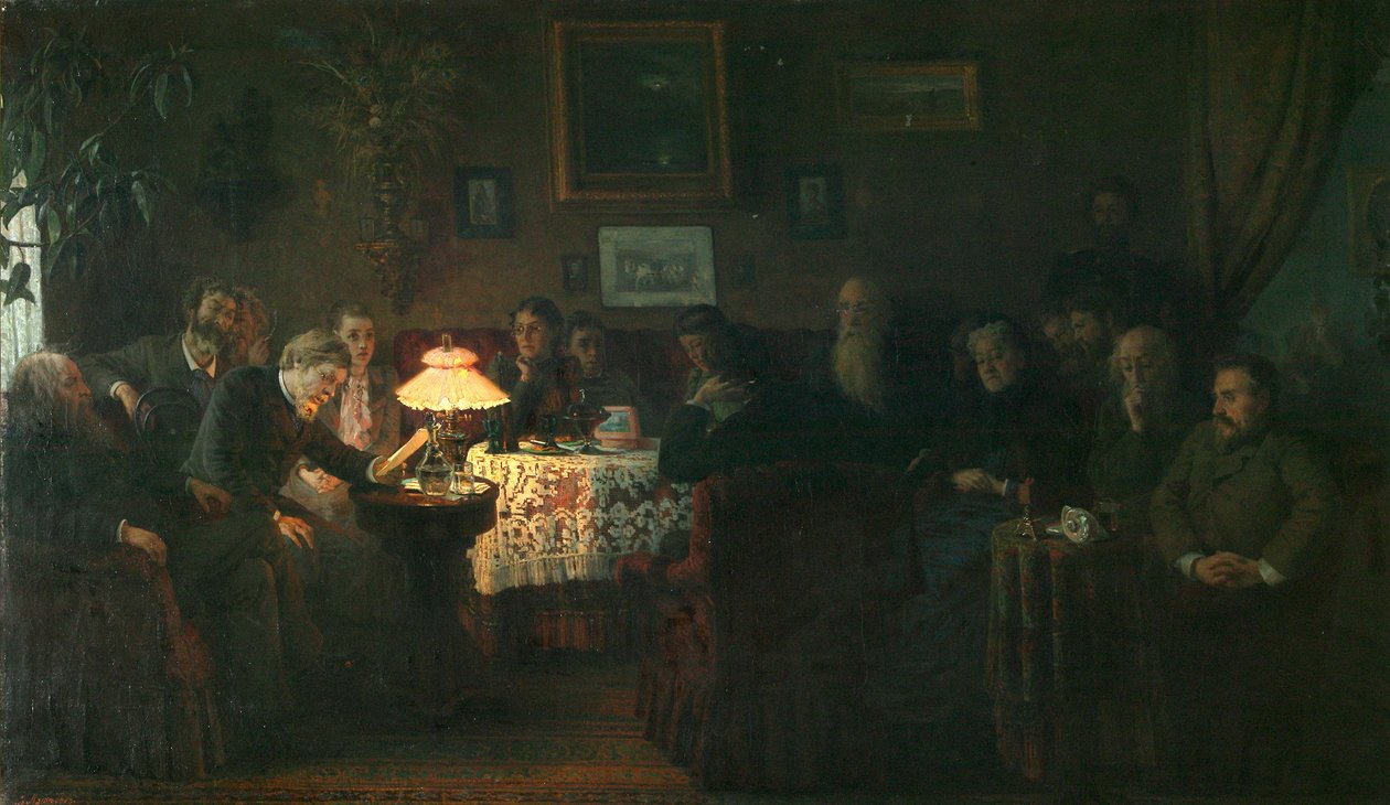 Oplæsningen af novellen Kreutzer-sonaten i Leo Tolstoj-huset, 1889 af Grigori Grigorievich Mjasoedov