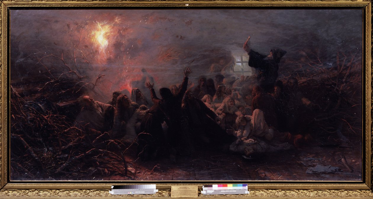 Selvbrænding. Episode af raskol (eller skisma) af den ortodokse kirke i 1666-1667, da visse gamle troende, som et tegn på protest mod reformerne af patriarken i Moskva, satte ild til sig selv i frygt for slutningen af ​​e. af Grigori Grigoryevich Myasoedov