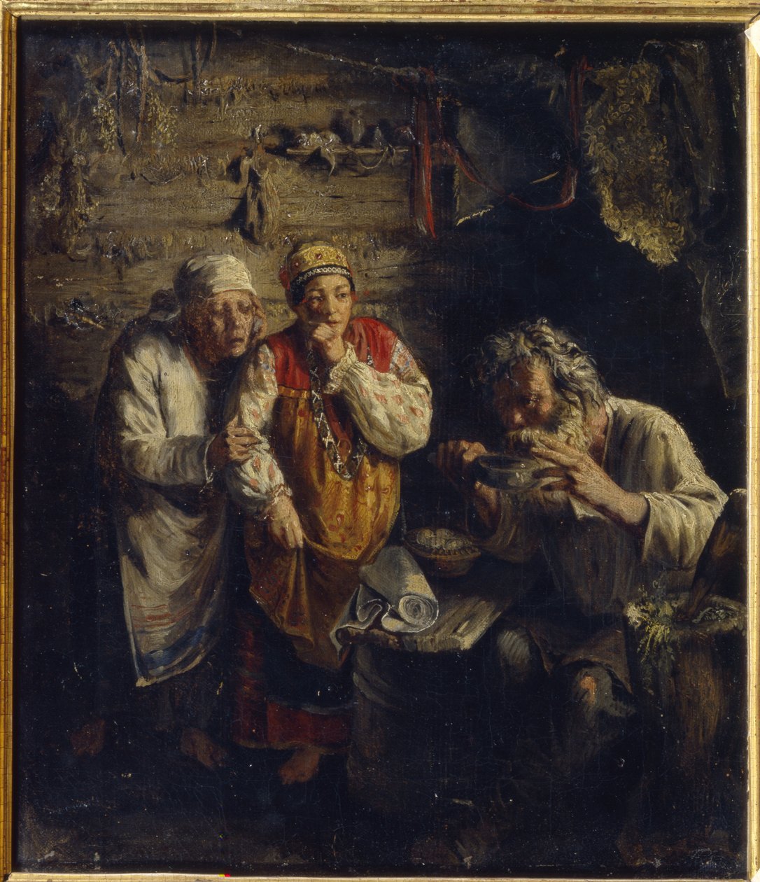 Healeren (Heksedoktor). I en fattig hytte på landet ser to barfodede kvinder klædt i folkloristiske kjoler bekymret på en gammel mand, der drikker et urtemiddel, ved siden af ​​ham en støder til at tilberede medicinske blandinger. af Grigori Grigoryevich Myasoedov