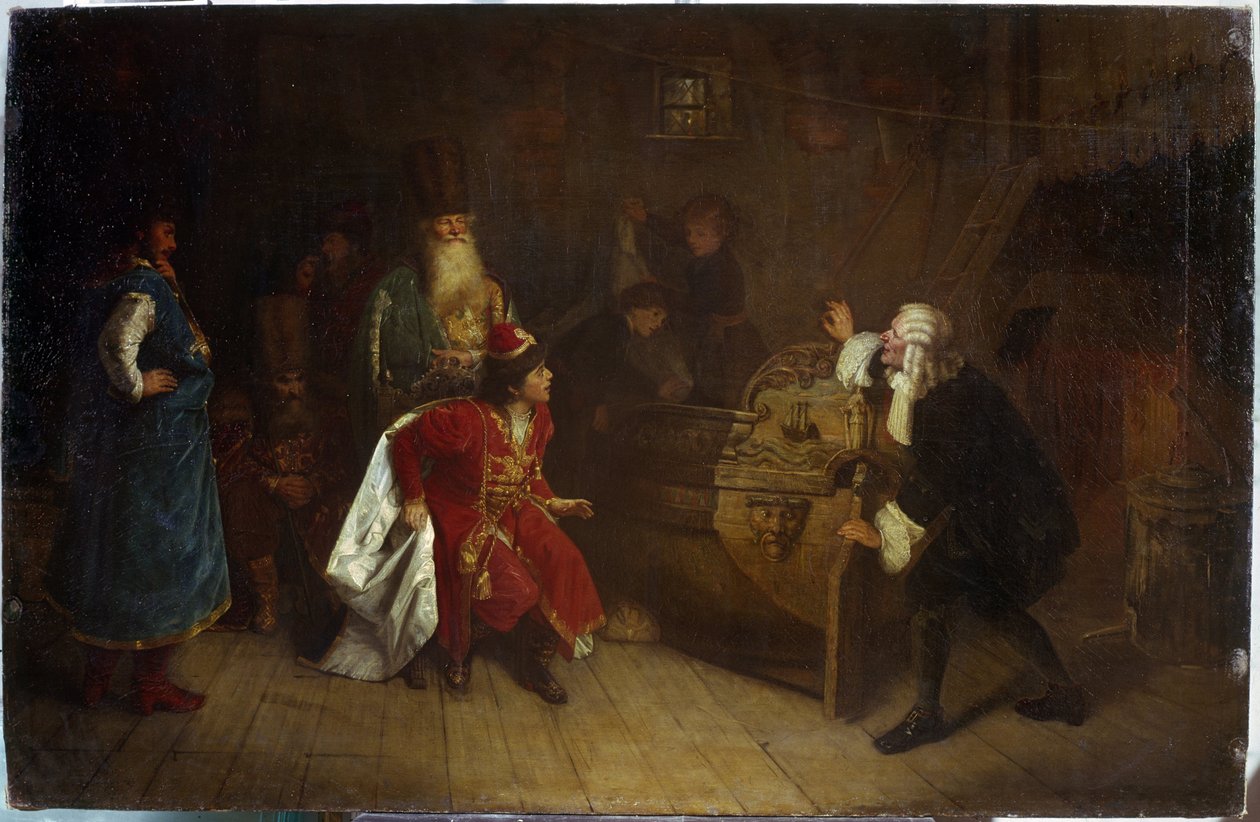 Bedstefaren til den russiske flåde. (Den russiske flådes bedstefader). Scene fra Peter I den Stores barndom (1672-1725) i sin bedstefar Nikita Romanovs (?) hus opdagede han en engelsk kano, som var oprindelsen til hans passion for navigation. Malet af Grigori Grigoryevich Myasoedov