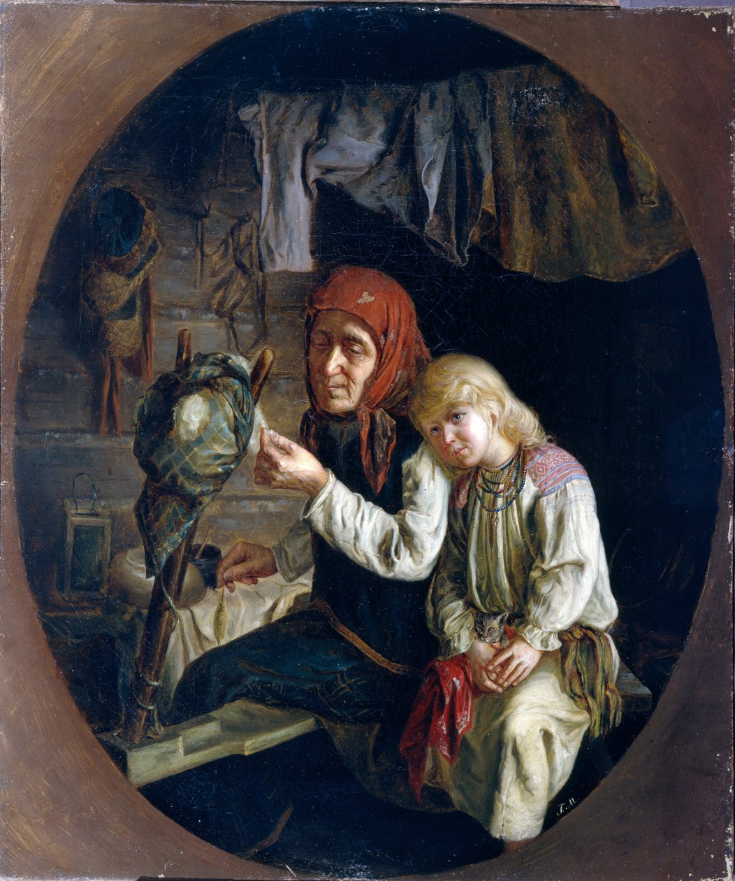 Spinning lektion - Spinning lektion - Maleri af Grigori (Grigoriy, Grigory) Grigoryevich Myasoyedov (Myasoedov, Miasoedov) (1834-1911), olie på lærred af Grigori Grigoryevich Myasoedov