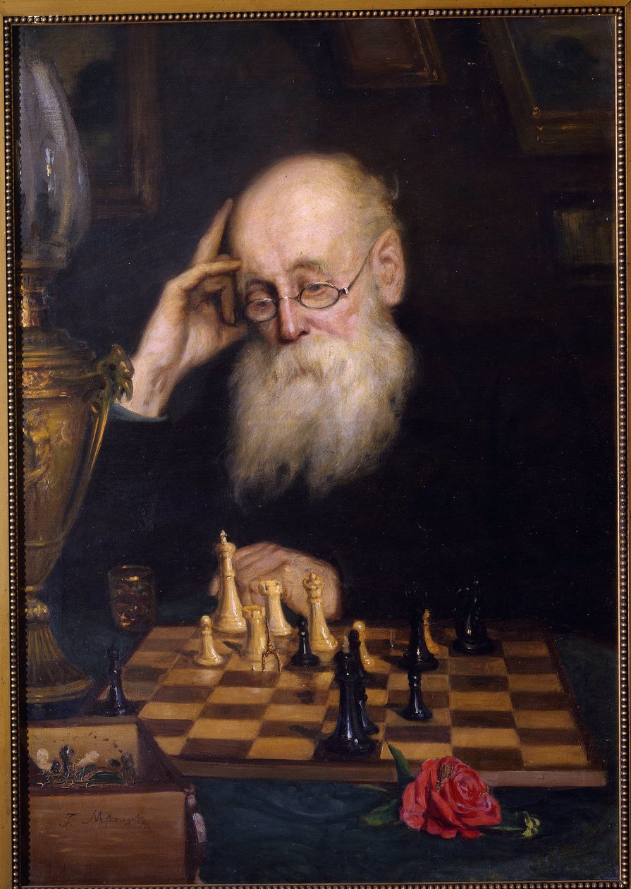 Skak mod sig selv (Skak med sig selv). Maleri af Grigori (Grigoriy, Grigory) Grigoryevich Myasoyedov (Myasoedov, Miasoedov) (1834-1911), olie på lærred af Grigori Grigoryevich Myasoedov