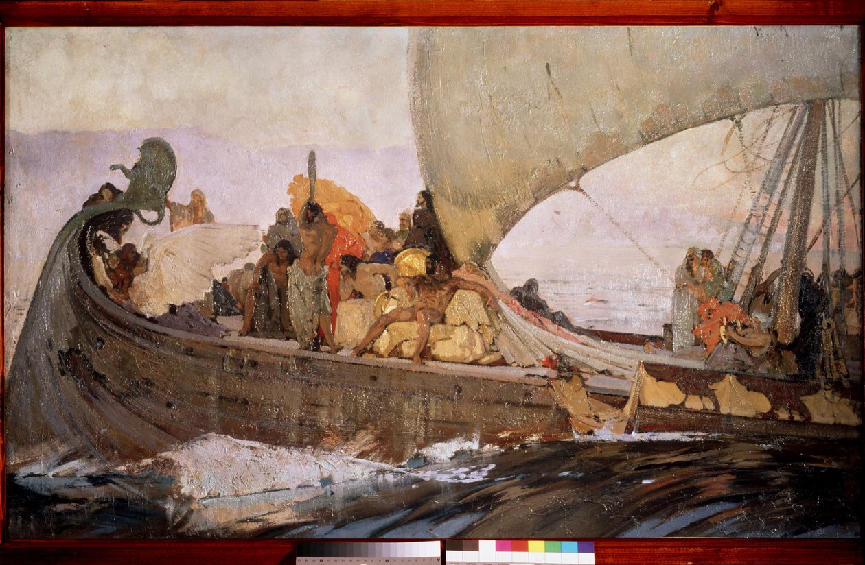 Minoernes rejse. Gå ombord for at sejle ud for Kreta. Maleri af Ivan Grigoryevich Myasoyedov (Miasoyedov, Miasoyedov) (1881-1953), olie på lærred af Grigori Grigoryevich Myasoedov