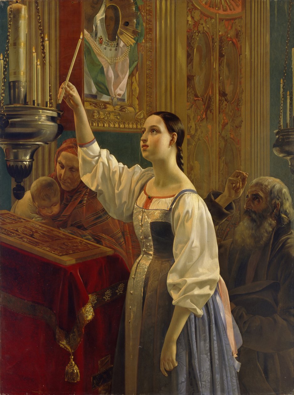 En pige placerede et stearinlys foran ikonet, 1842 af Grigori Karpovich Mikhaylov