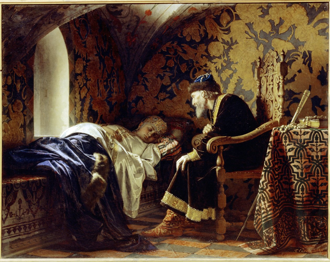 Vasilissa Melentieva (død 1579) og zar Ivan IV den Forfærdelige (1530-1584). (Vasilisa Melentyevna og zaren Ivan Den Forfærdelige). Den unge og smukke kvinde, zarens sjette hustru, sover på en bænk under Ivan Terrens ømme blik af Grigori Semenovich Sedov