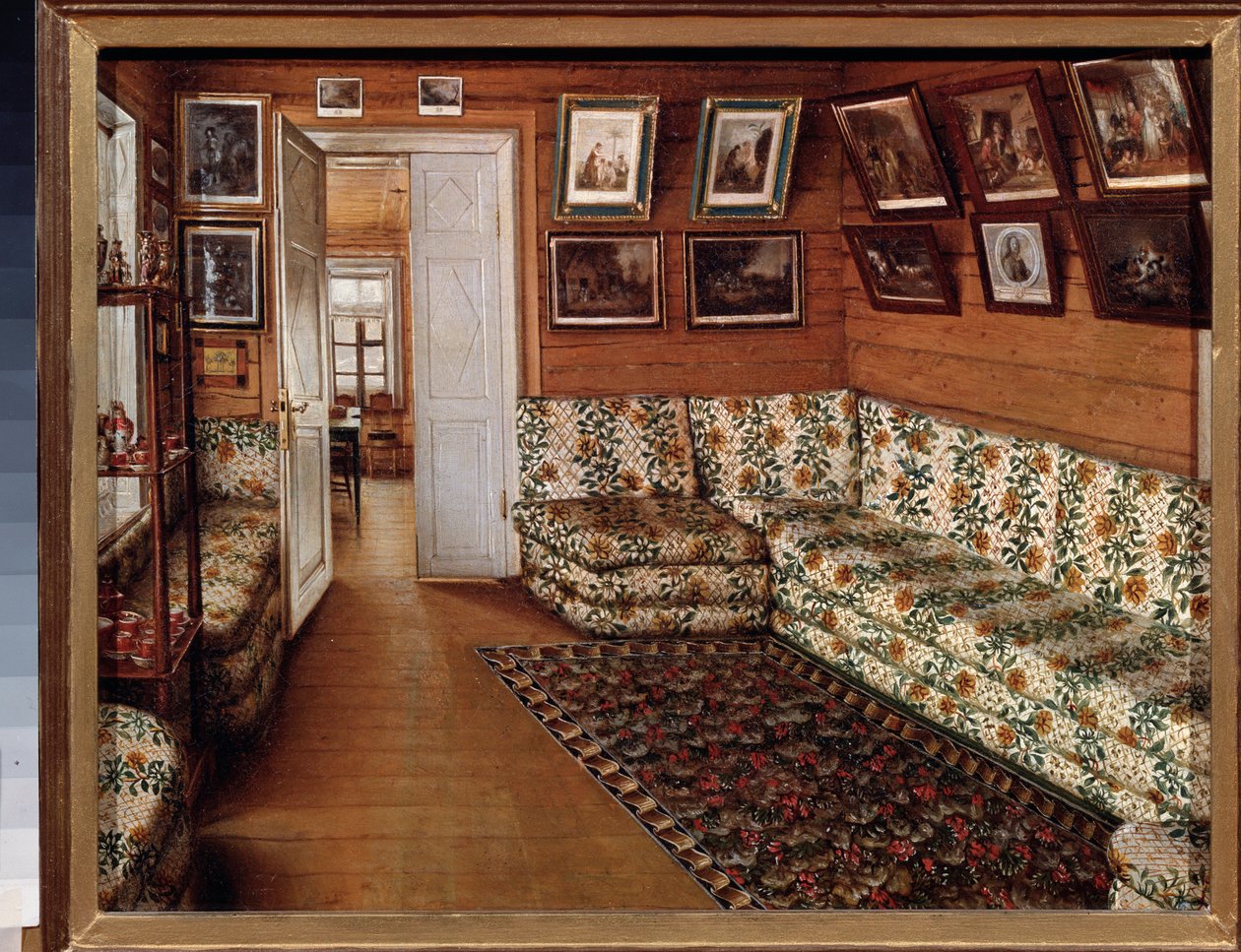 Receptionslokalet i en herregård - Maleri af Grigori Vasilyevich Soroka (1823-1863), olie på lærred - russisk kunst fra det 19. århundrede - Statens friluftsmuseum for historie og kunst, Pskov ( Rusland) af Grigori Vasilievich Soroka