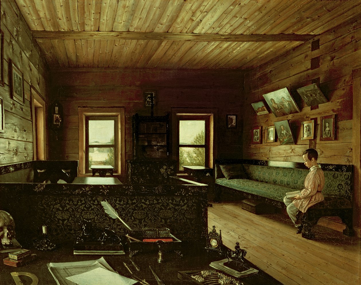 Studiet i Nikolai Milyukovs hus i Ostrovky, 1844 af Grigori Vasilievich Soroka