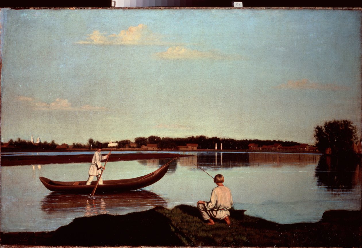 En linefisker (Og en ung roer, stående i en båd) - En lystfisker - Maleri af Grigori Vasilyevich Soroka (1823-1863), olie på lærred, ca. 1840 - Russisk kunst af Grigori Vasilievich Soroka